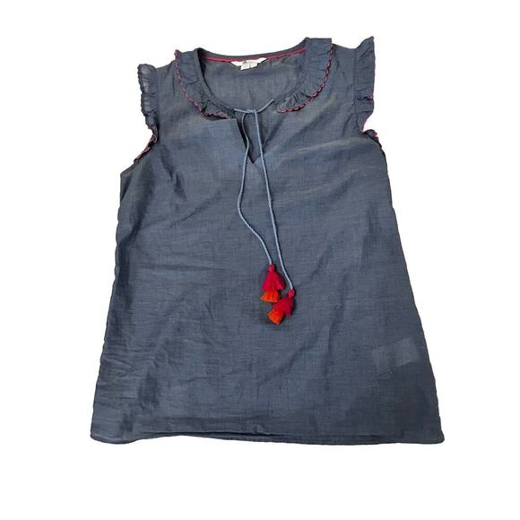Boden Women’s Chambray Top Cap Sleeve Blue Tassel Tie Front Cottagecore US 4 - Picture 2 of 8